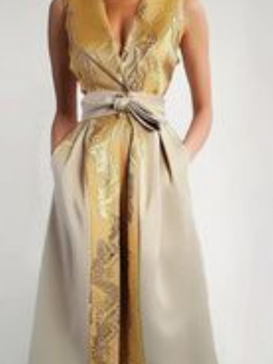 Dresses & Skirts - Sleeveless Gold and Cream V-Neck Wrap Dress